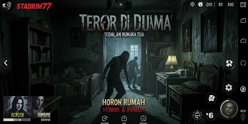 Antarmuka STADIUM77 dengan suasana mencekam yang mencerminkan horor rumah.