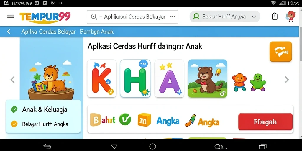 Antarmuka aplikasi TEMPUR99 yang menarik untuk belajar huruf dan angka.