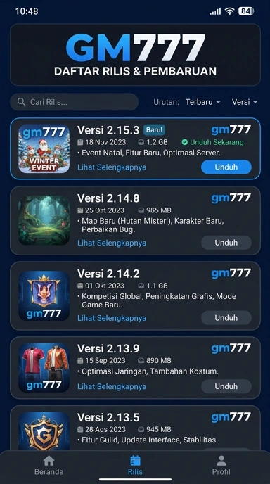 Halaman Riwayat Versi gm777 untuk Pengguna Android